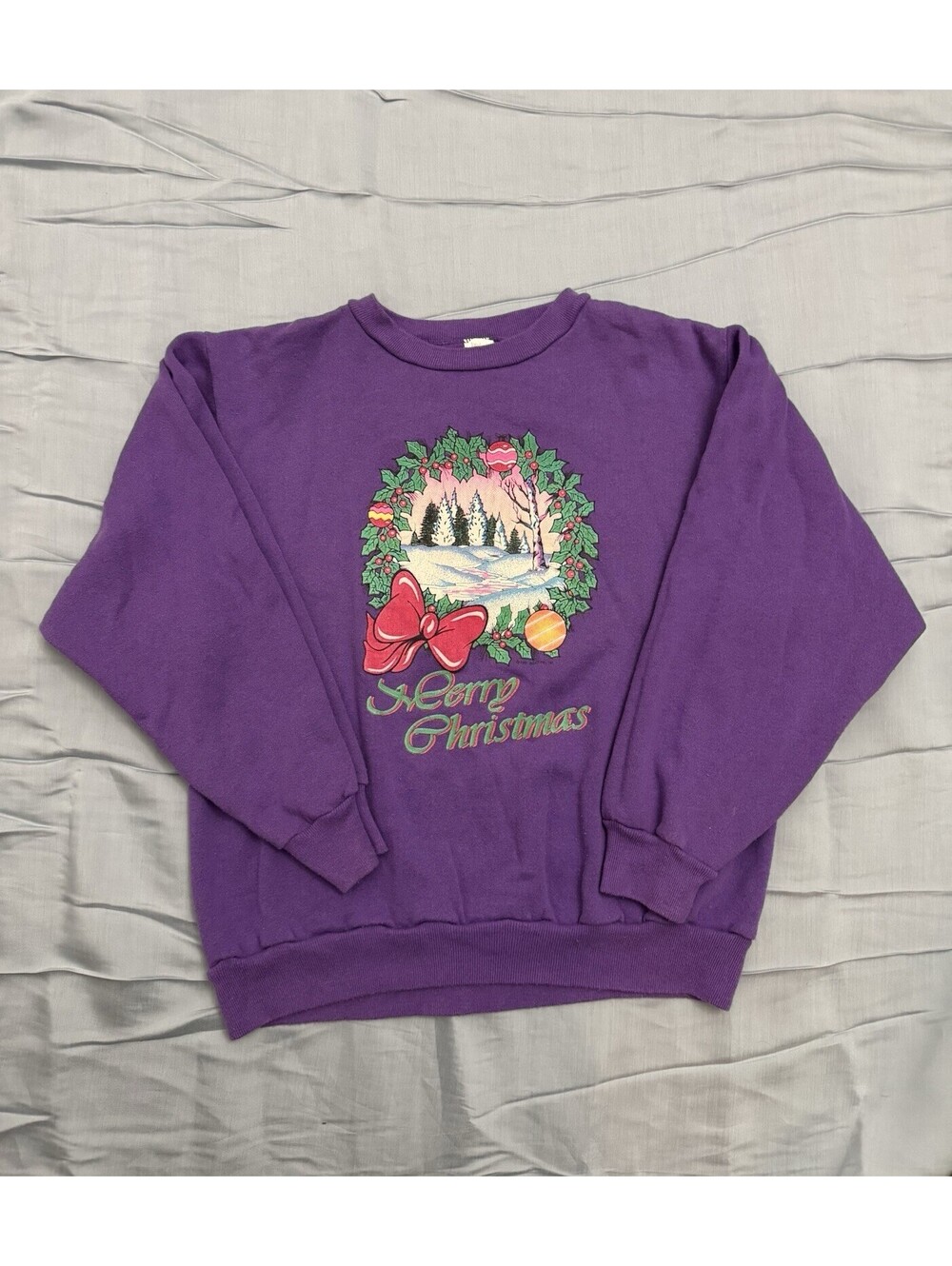 Vintage Christmas Sweatshirt Purple Wreath Snow Scene Holiday Crewneck 1991